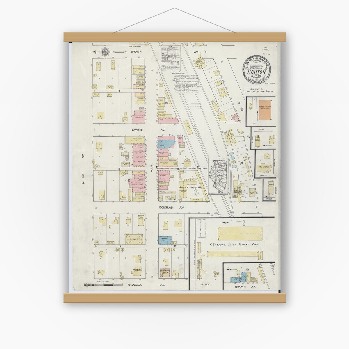 Old map wall art mockup — magnetic wood frame on white wall — Sanborn Fire Insurance Map from Ashton, Lee County, Illinois (1914), Sheet #0001