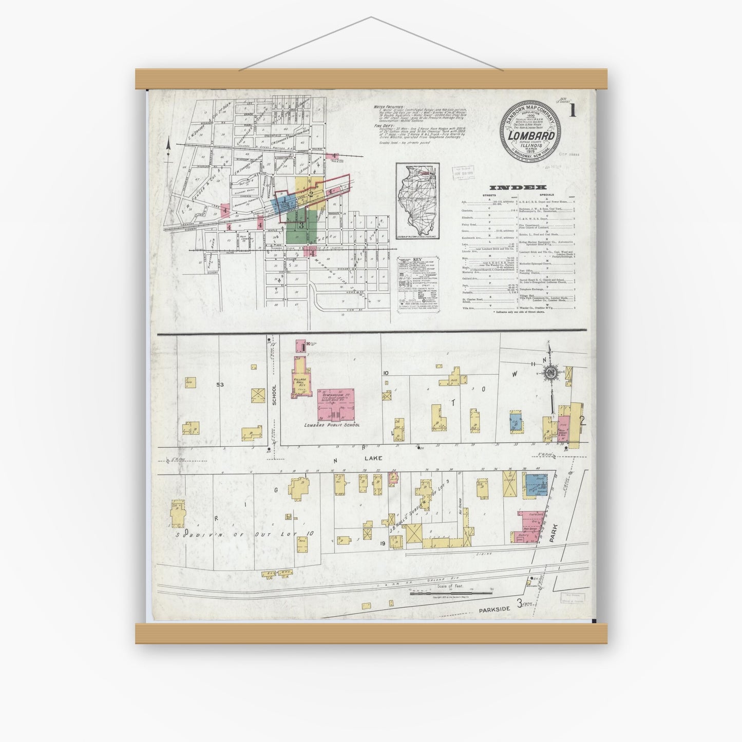 Old map wall art mockup — magnetic wood frame on white wall — Sanborn Fire Insurance Map from Lombard, Du Page County, Illinois (1919), Sheet #0001