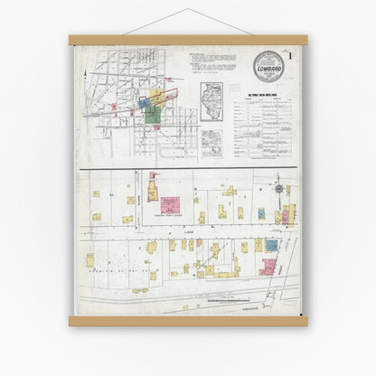 Old map wall art mockup — magnetic wood frame on white wall — Sanborn Fire Insurance Map from Lombard, Du Page County, Illinois (1919), Sheet #0001