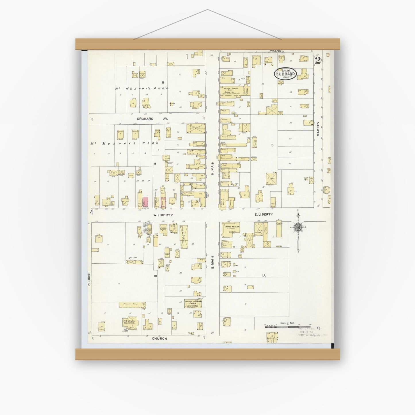 Old map wall art mockup — magnetic wood frame on white wall — Sanborn Fire Insurance Map from Hubbard, Trumbull County, Ohio (1911), Sheet #0002