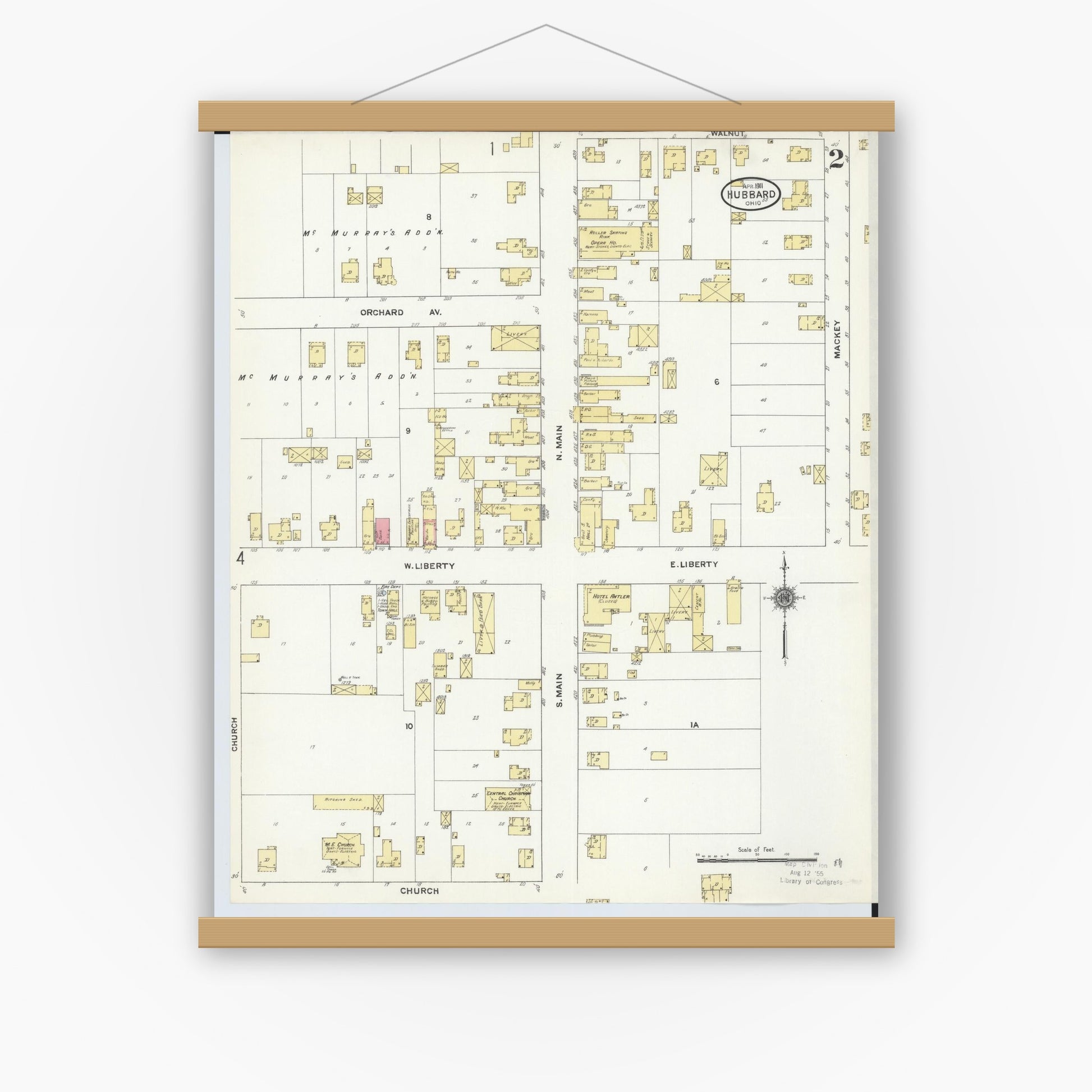 Old map wall art mockup — magnetic wood frame on white wall — Sanborn Fire Insurance Map from Hubbard, Trumbull County, Ohio (1911), Sheet #0002