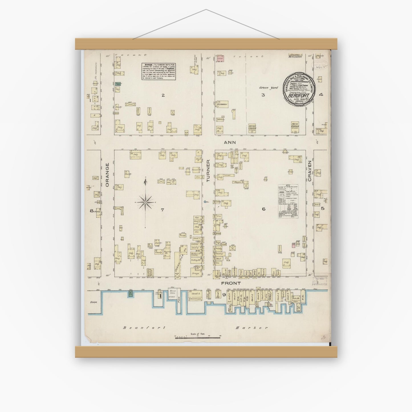 Old map wall art mockup — magnetic wood frame on white wall — Sanborn Fire Insurance Map from Beaufort, Carteret County, North Carolina (1885), Sheet #0001