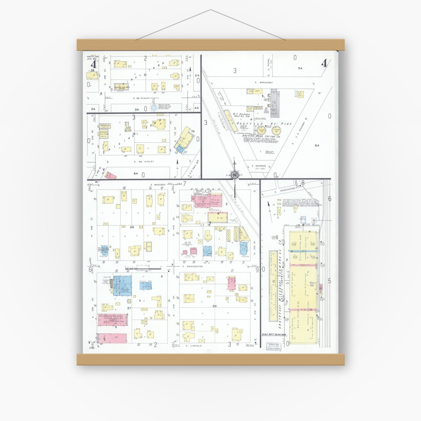 Old map wall art mockup — magnetic wood frame on white wall — Sanborn Fire Insurance Map from Hayti, Pemiscot County, Missouri (1951), Sheet #0004