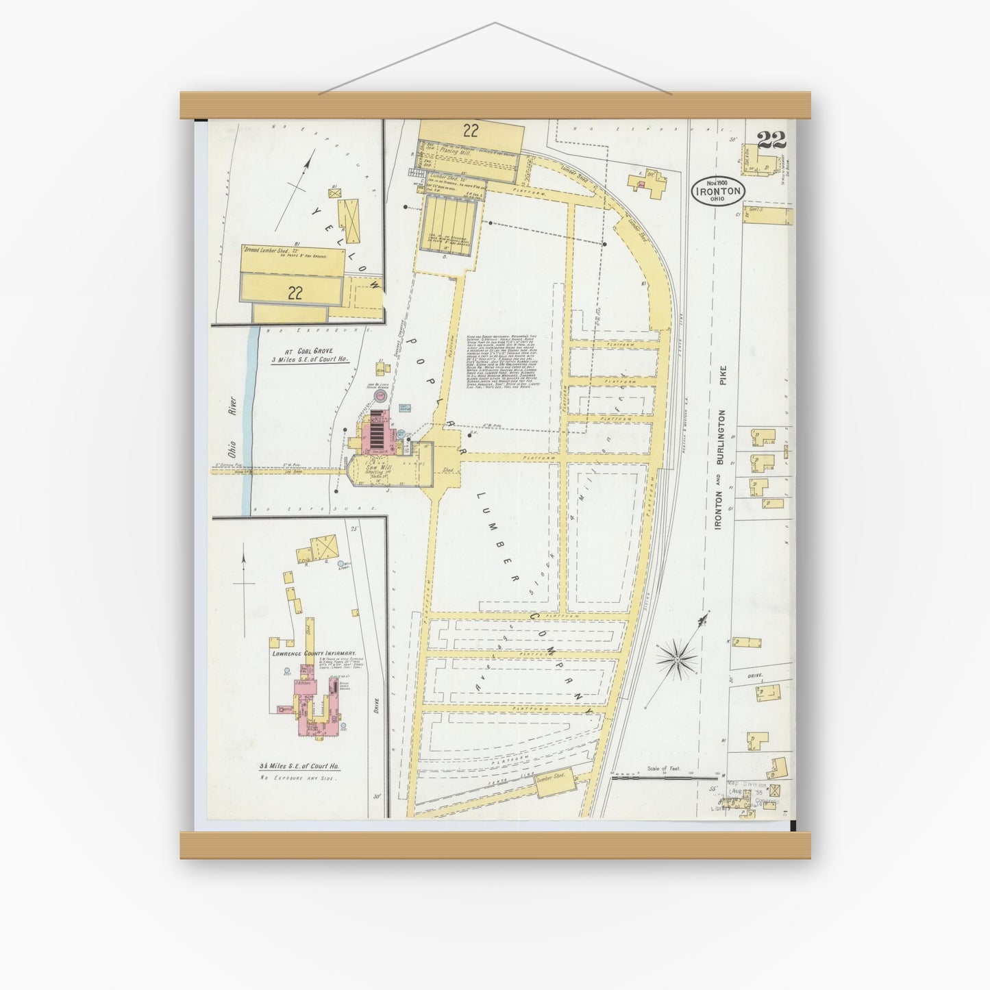 Old map wall art mockup — magnetic wood frame on white wall — Sanborn Fire Insurance Map from Ironton, Lawrence County, Ohio (1900), Sheet #0022