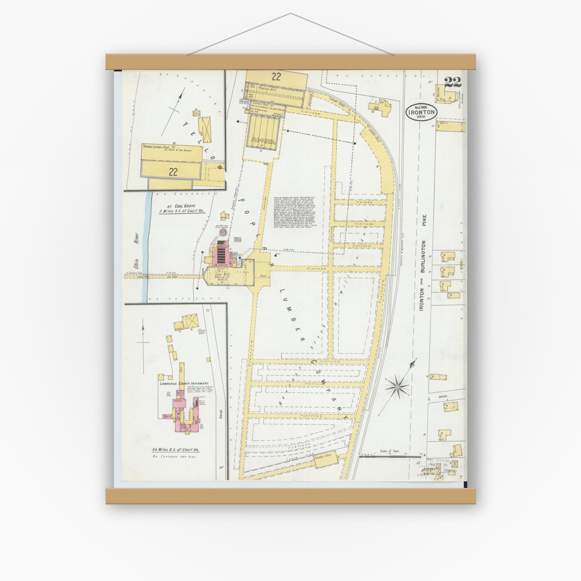 Old map wall art mockup — magnetic wood frame on white wall — Sanborn Fire Insurance Map from Ironton, Lawrence County, Ohio (1900), Sheet #0022