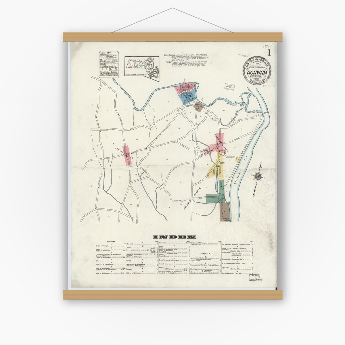 Old map wall art mockup — magnetic wood frame on white wall — Sanborn Fire Insurance Map from Agawam, Hampden County, Massachusetts (1920) - Complete Map Set