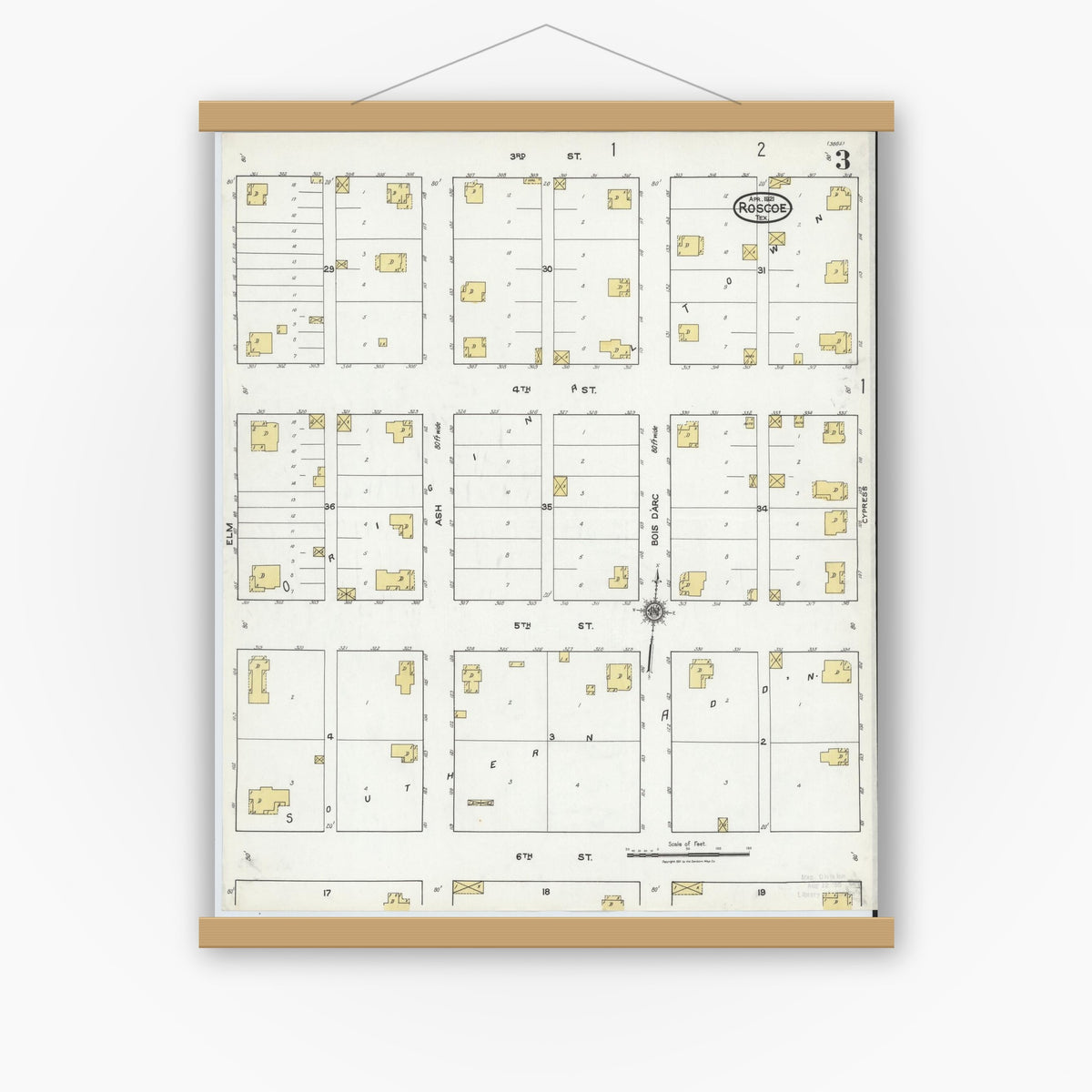 Old map wall art mockup — magnetic wood frame on white wall — Sanborn Fire Insurance Map from Roscoe, Nolan County, Texas (1921), Sheet #0003