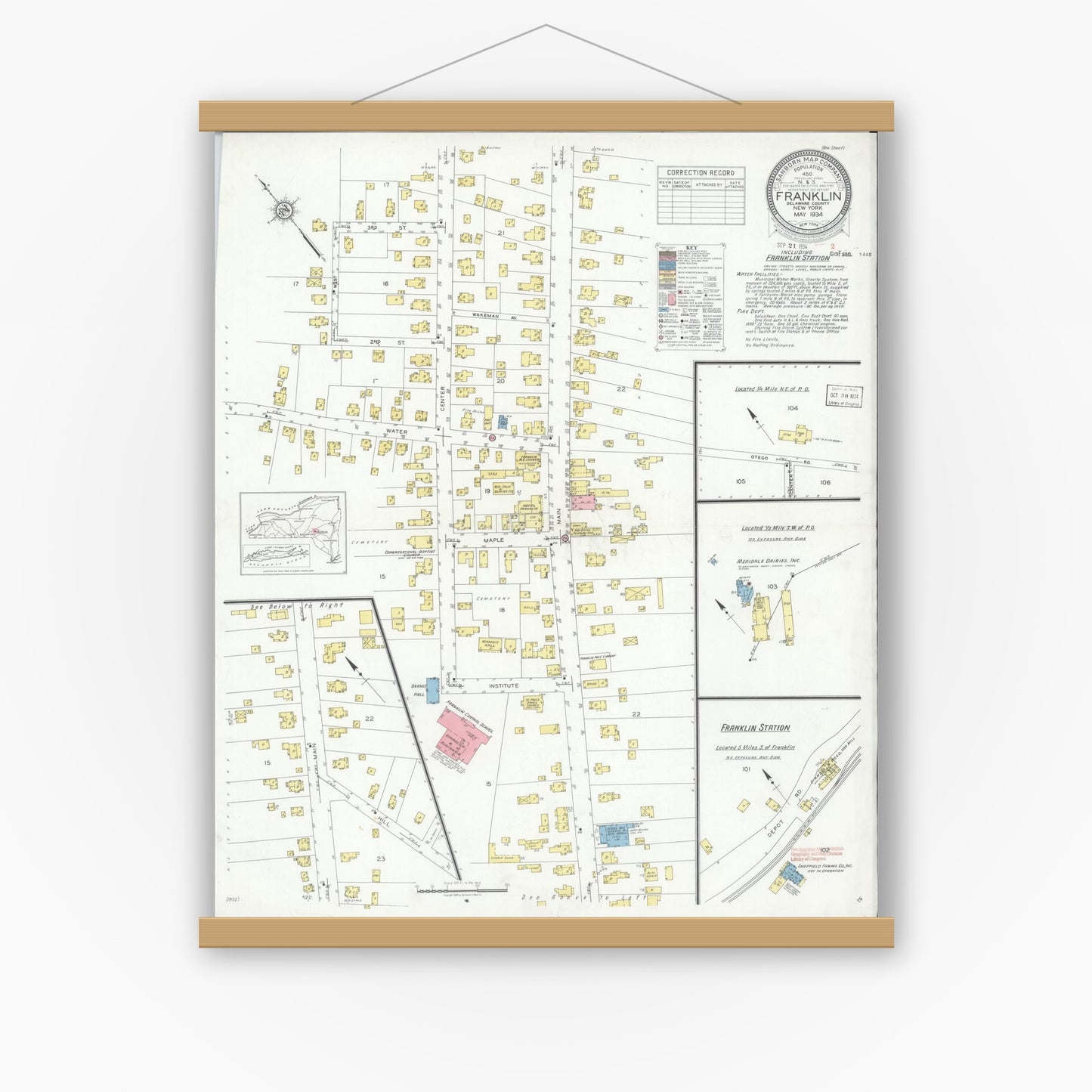 Old map wall art mockup — magnetic wood frame on white wall — Sanborn Fire Insurance Map from Franklin, Delaware County, New York (1934), Sheet #0001