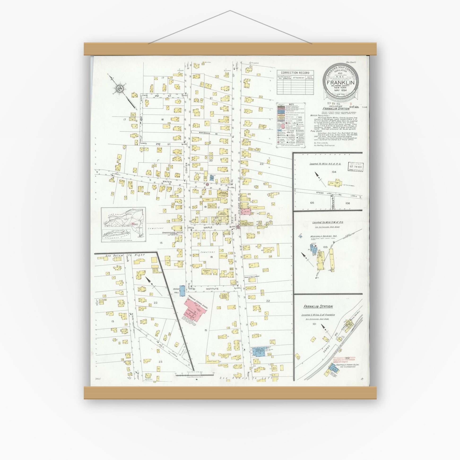 Old map wall art mockup — magnetic wood frame on white wall — Sanborn Fire Insurance Map from Franklin, Delaware County, New York (1934), Sheet #0001