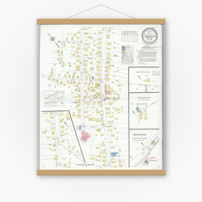 Old map wall art mockup — magnetic wood frame on white wall — Sanborn Fire Insurance Map from Franklin, Delaware County, New York (1934), Sheet #0001
