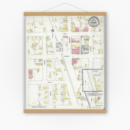 Old map wall art mockup — magnetic wood frame on white wall — Sanborn Fire Insurance Map from Ridgway, Gallatin County, Illinois (1910), Sheet #0001