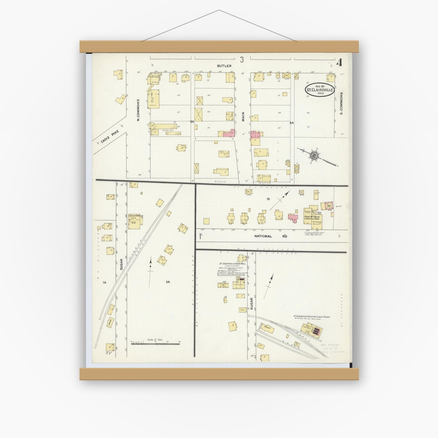 Old map wall art mockup — magnetic wood frame on white wall — Sanborn Fire Insurance Map from Saint Clairsville, Belmont County, Ohio (1911), Sheet #0004