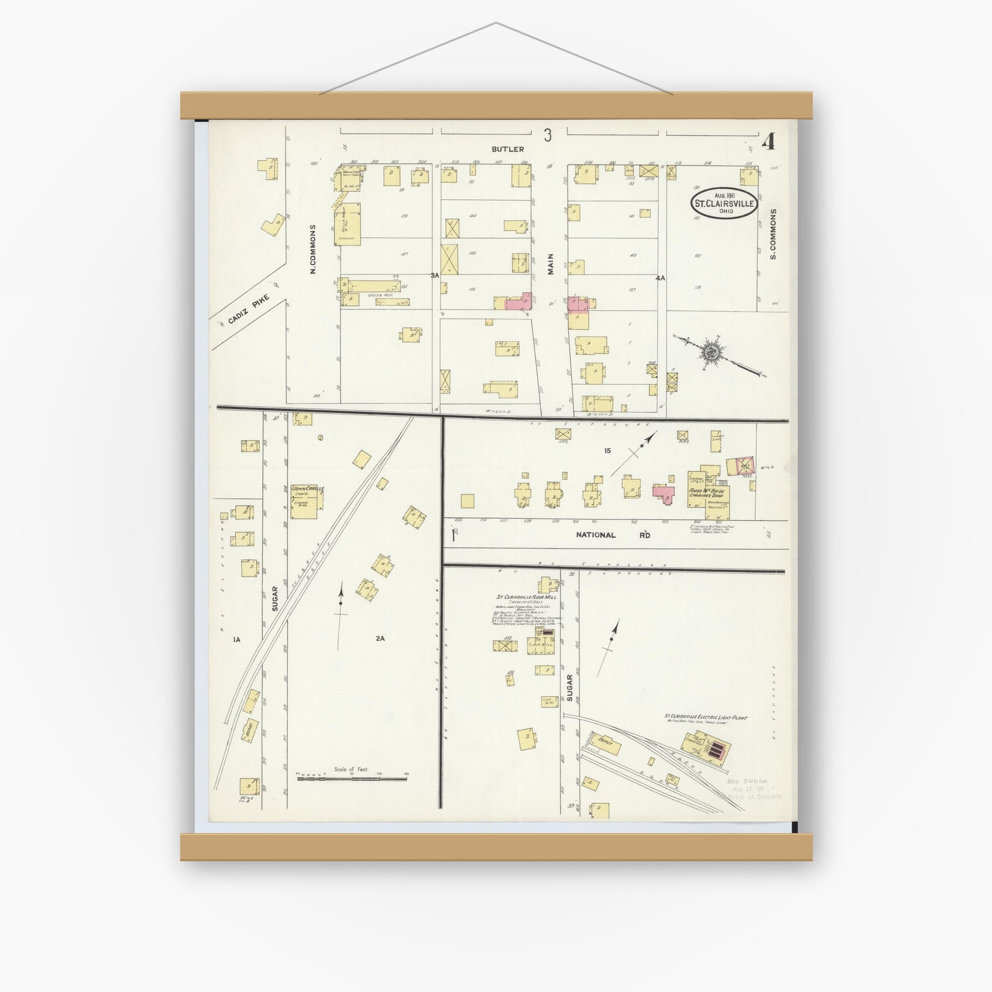 Old map wall art mockup — magnetic wood frame on white wall — Sanborn Fire Insurance Map from Saint Clairsville, Belmont County, Ohio (1911), Sheet #0004