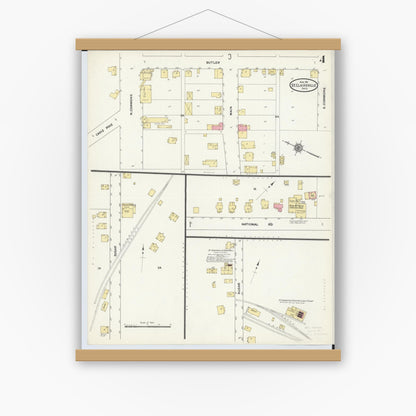 Old map wall art mockup — magnetic wood frame on white wall — Sanborn Fire Insurance Map from Saint Clairsville, Belmont County, Ohio (1911), Sheet #0004