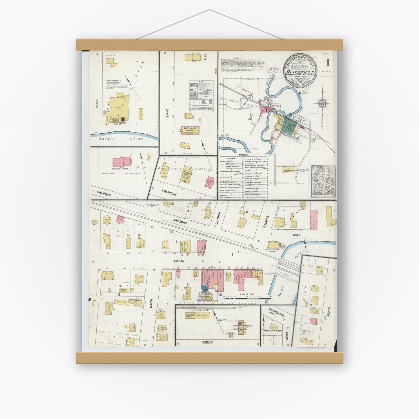 Old map wall art mockup — magnetic wood frame on white wall — Sanborn Fire Insurance Map from Blissfield, Lenawee County, Michigan (1912) - Complete Map Set