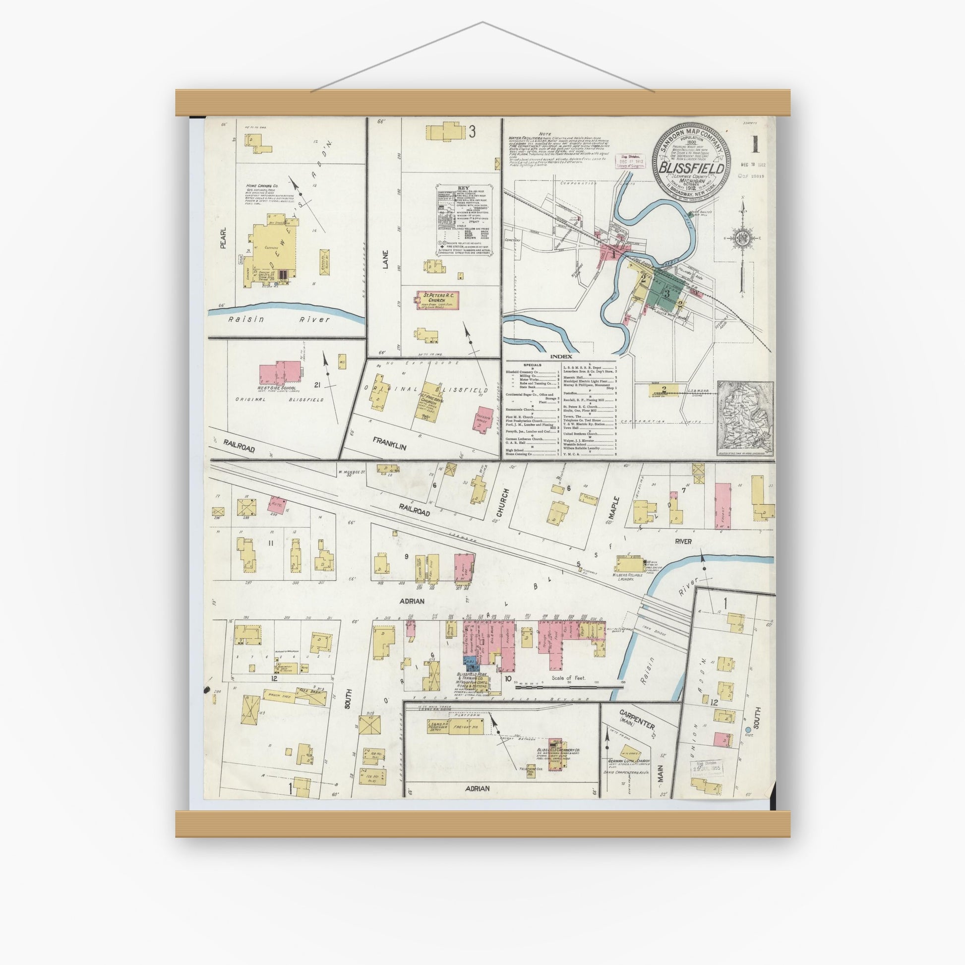 Old map wall art mockup — magnetic wood frame on white wall — Sanborn Fire Insurance Map from Blissfield, Lenawee County, Michigan (1912) - Complete Map Set