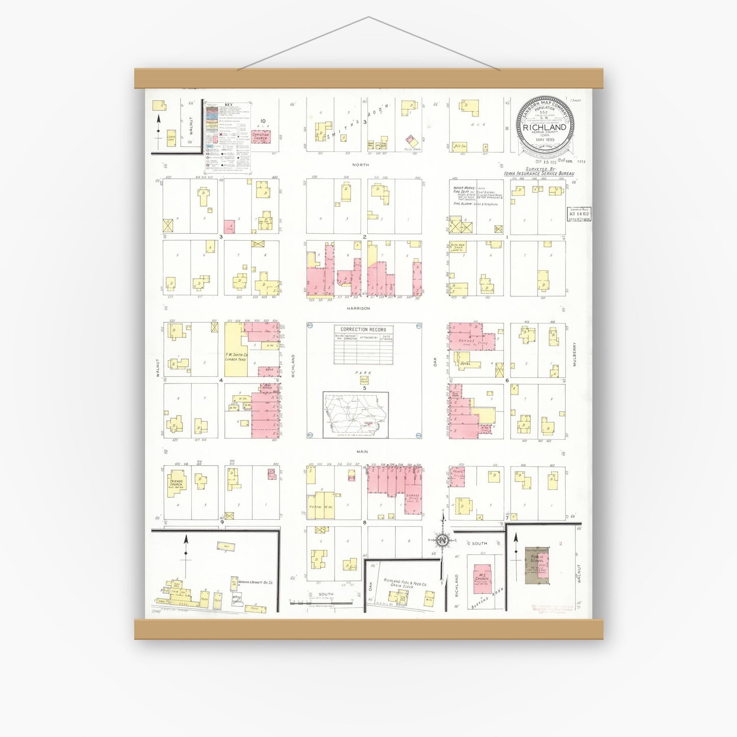Old map wall art mockup — magnetic wood frame on white wall — Sanborn Fire Insurance Map from Richland, Keokuk County, Iowa (1933), Sheet #0001