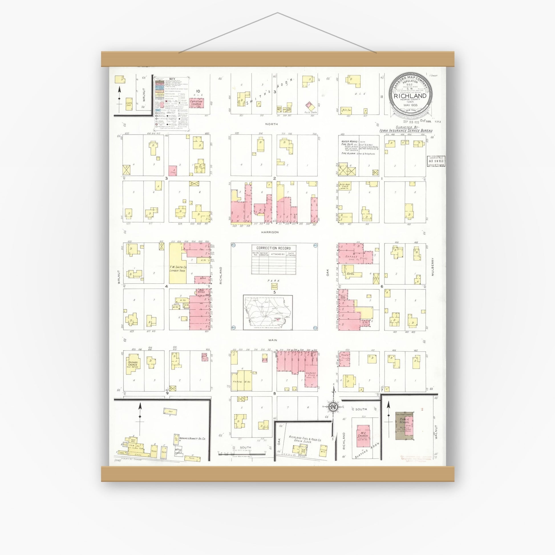 Old map wall art mockup — magnetic wood frame on white wall — Sanborn Fire Insurance Map from Richland, Keokuk County, Iowa (1933), Sheet #0001