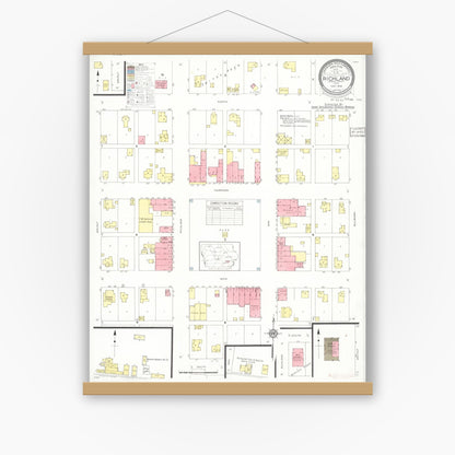 Old map wall art mockup — magnetic wood frame on white wall — Sanborn Fire Insurance Map from Richland, Keokuk County, Iowa (1933), Sheet #0001