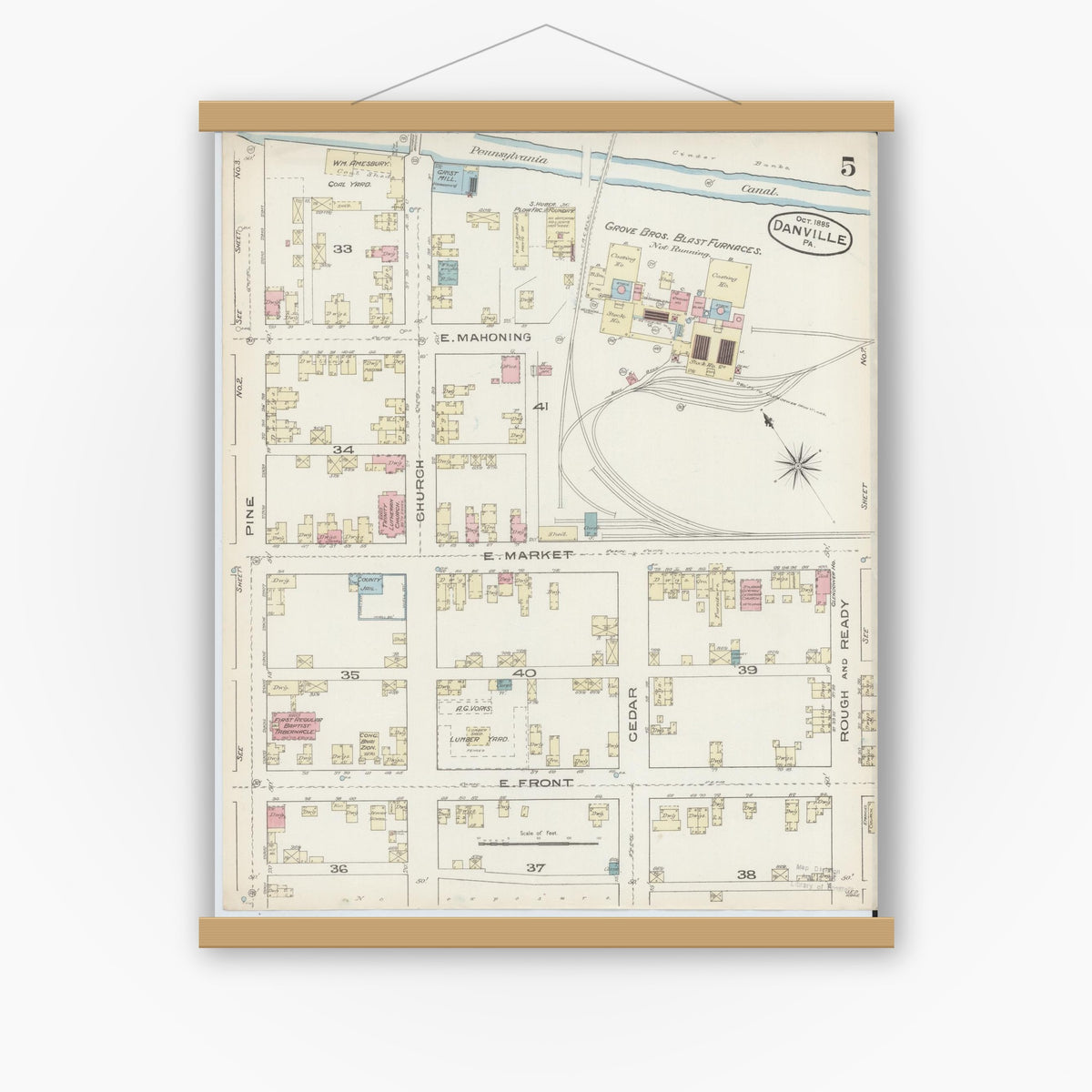 Old map wall art mockup — magnetic wood frame on white wall — Sanborn Fire Insurance Map from Danville, Montour County, Pennsylvania (1885), Sheet #0005