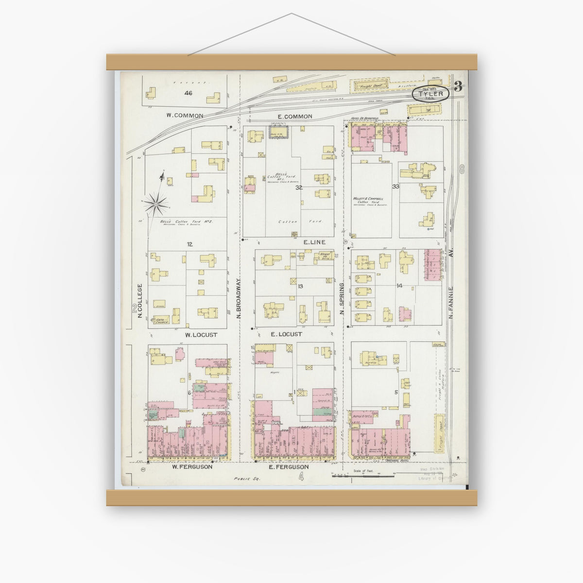 Old map wall art mockup — magnetic wood frame on white wall — Sanborn Fire Insurance Map from Tyler, Smith County, Texas (1893), Sheet #0003
