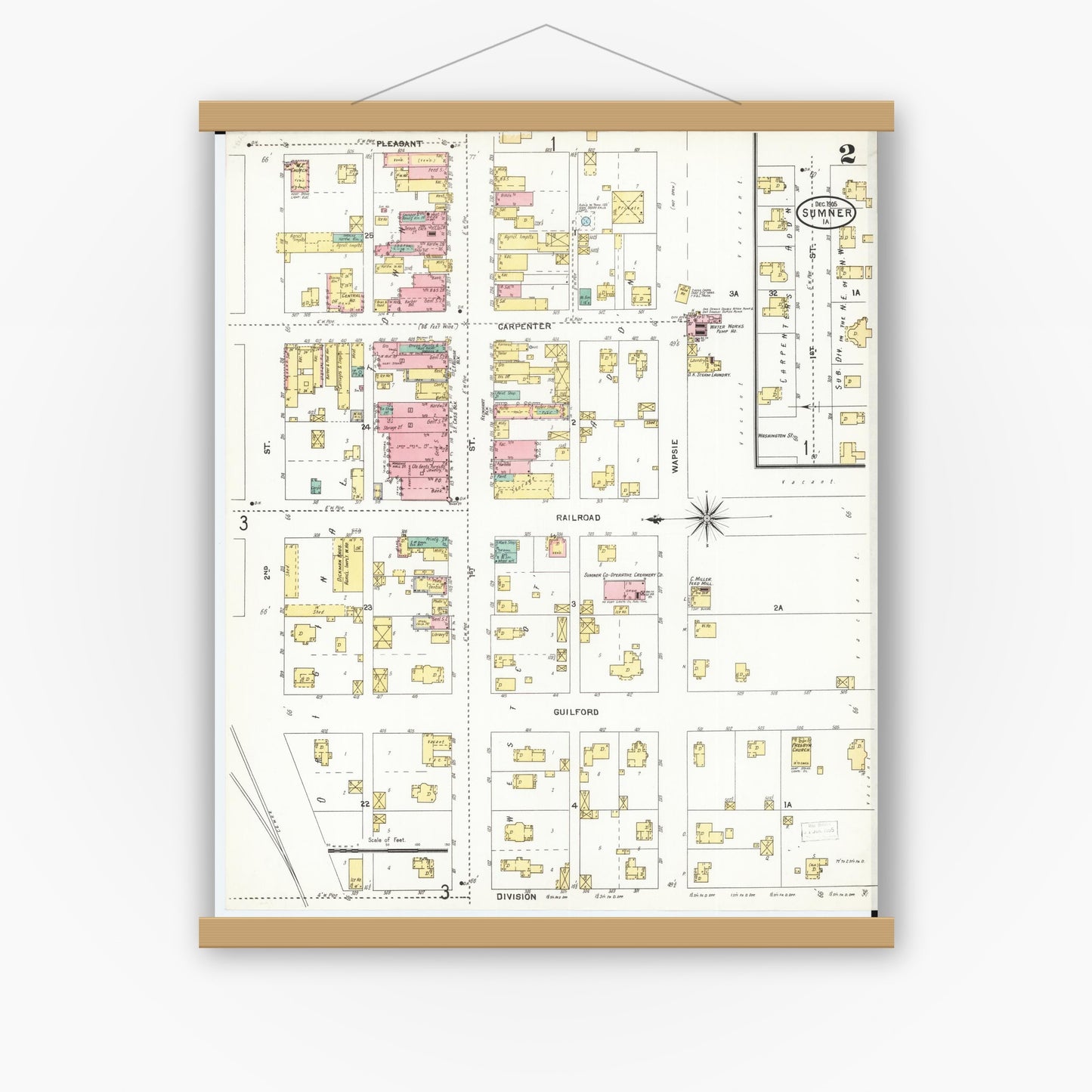 Old map wall art mockup — magnetic wood frame on white wall — Sanborn Fire Insurance Map from Sumner, Bremer County, Iowa (1905), Sheet #0002