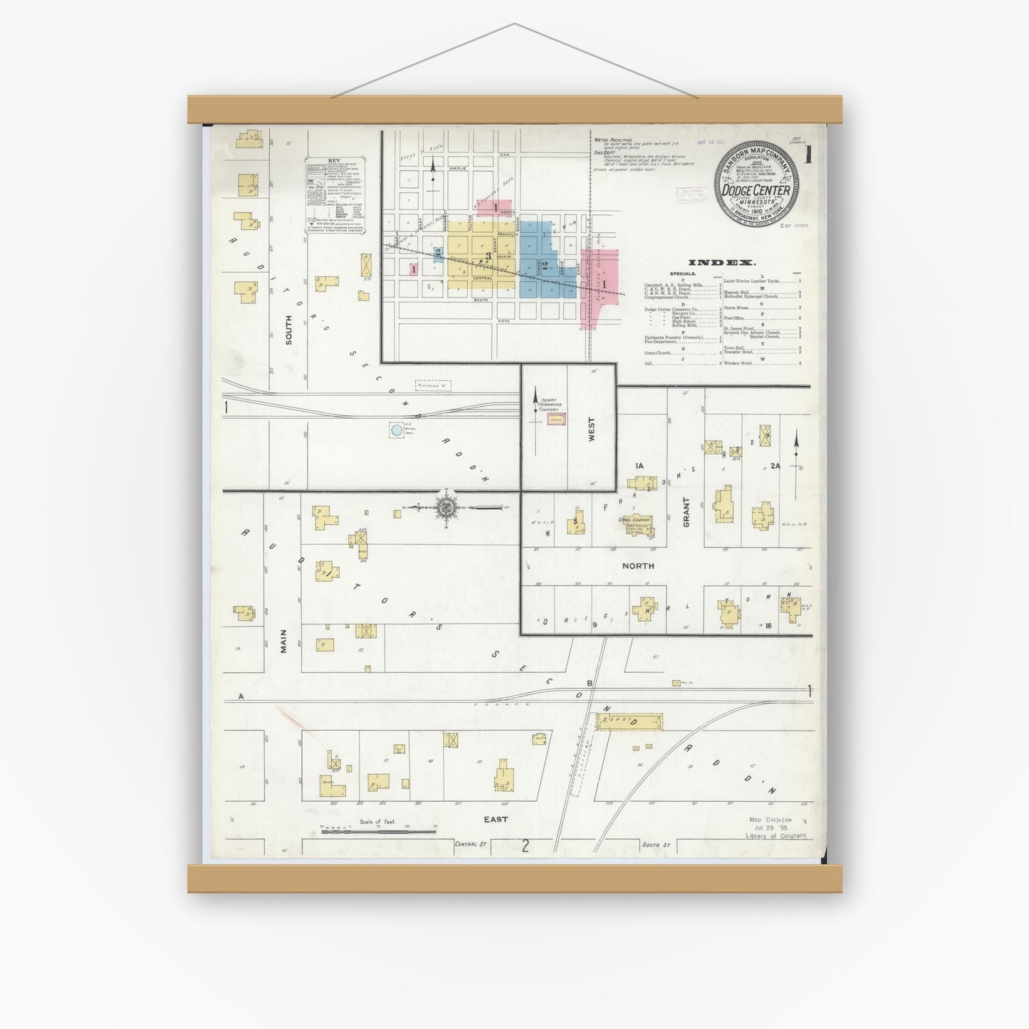 Old map wall art mockup — magnetic wood frame on white wall — Sanborn Fire Insurance Map from Dodge Center, Dodge County, Minnesota (1910), Sheet #0001