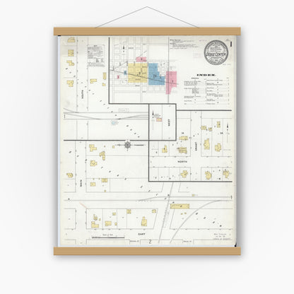 Old map wall art mockup — magnetic wood frame on white wall — Sanborn Fire Insurance Map from Dodge Center, Dodge County, Minnesota (1910), Sheet #0001
