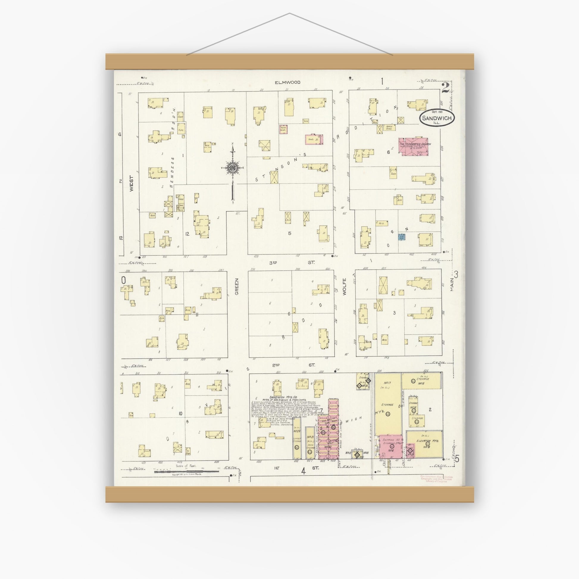 Old map wall art mockup — magnetic wood frame on white wall — Sanborn Fire Insurance Map from Sandwich, De Kalb County, Illinois (1921), Sheet #0002