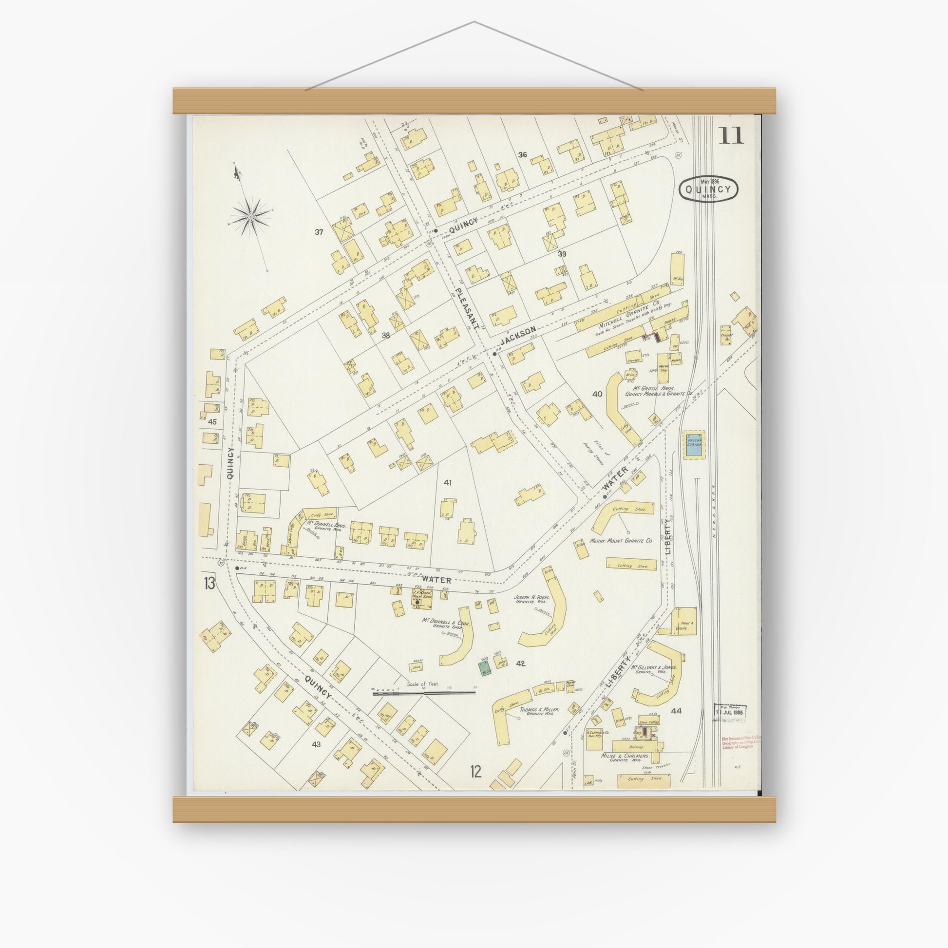 Old map wall art mockup — magnetic wood frame on white wall — Sanborn Fire Insurance Map from Quincy, Norfolk County, Massachusetts (1896), Sheet #0011
