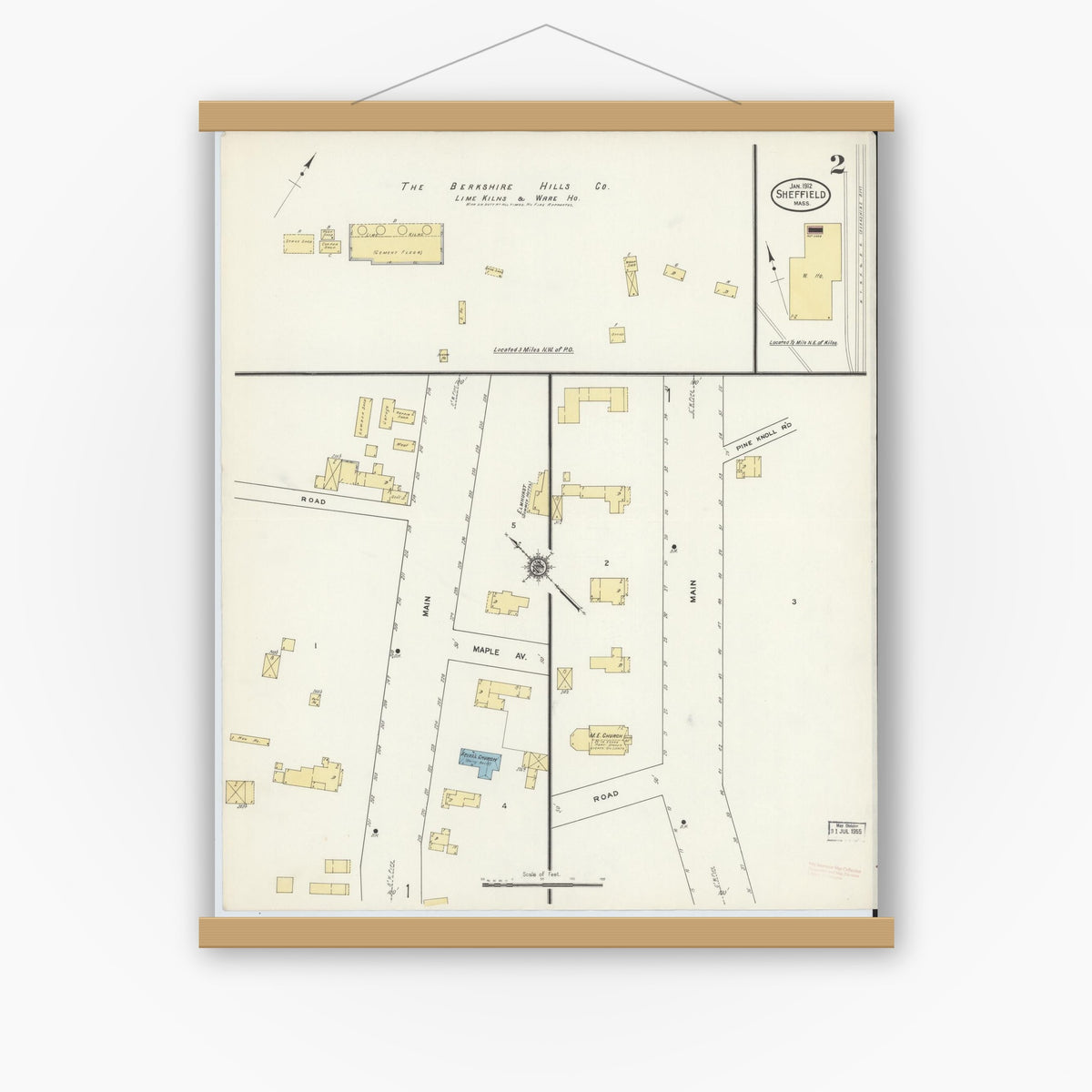 Old map wall art mockup — magnetic wood frame on white wall — Sanborn Fire Insurance Map from Sheffield, Berkshire County, Massachusetts (1912), Sheet #0002