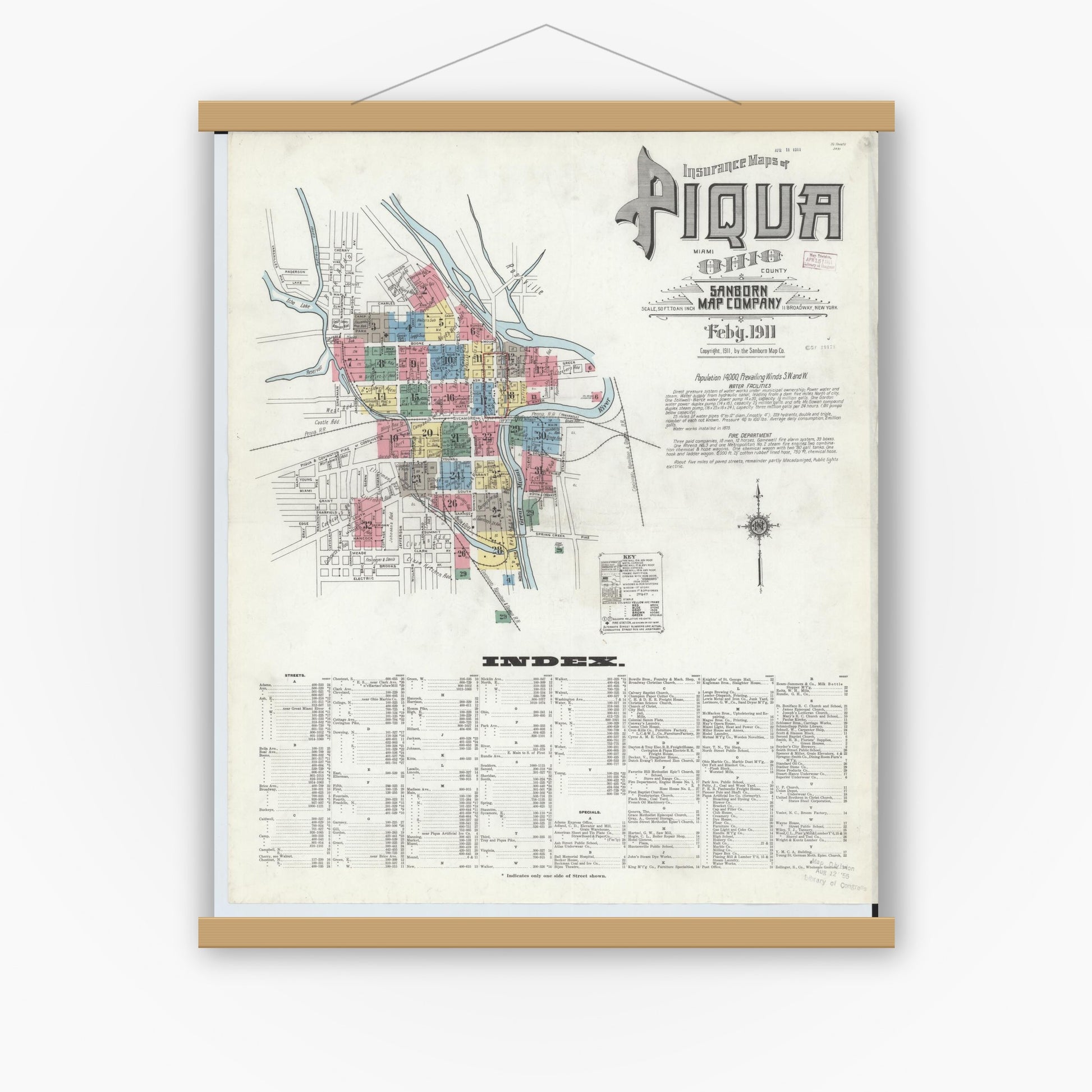 Old map wall art mockup — magnetic wood frame on white wall — Sanborn Fire Insurance Map from Piqua, Miami County, Ohio (1911), Sheet #0001