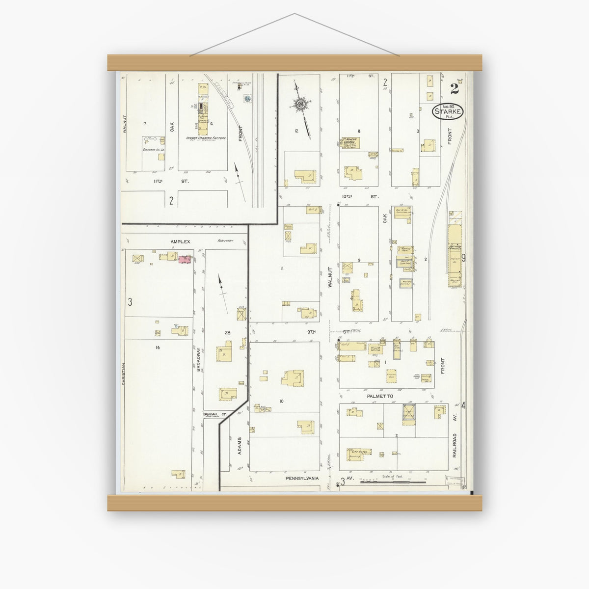 Old map wall art mockup — magnetic wood frame on white wall — Sanborn Fire Insurance Map from Starke, Bradford County, Florida (1912), Sheet #0002