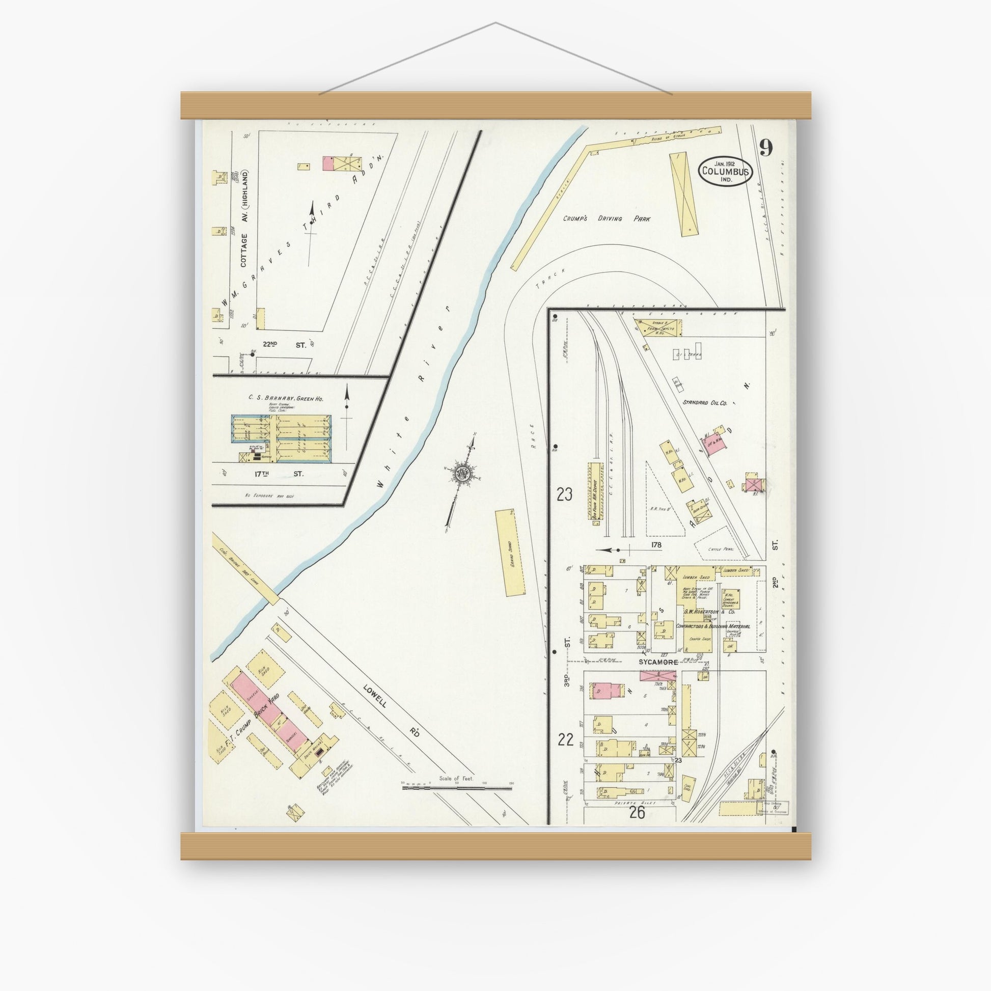 Old map wall art mockup — magnetic wood frame on white wall — Sanborn Fire Insurance Map from Columbus, Bartholomew County, Indiana (1912), Sheet #0009