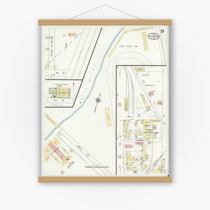 Old map wall art mockup — magnetic wood frame on white wall — Sanborn Fire Insurance Map from Columbus, Bartholomew County, Indiana (1912), Sheet #0009