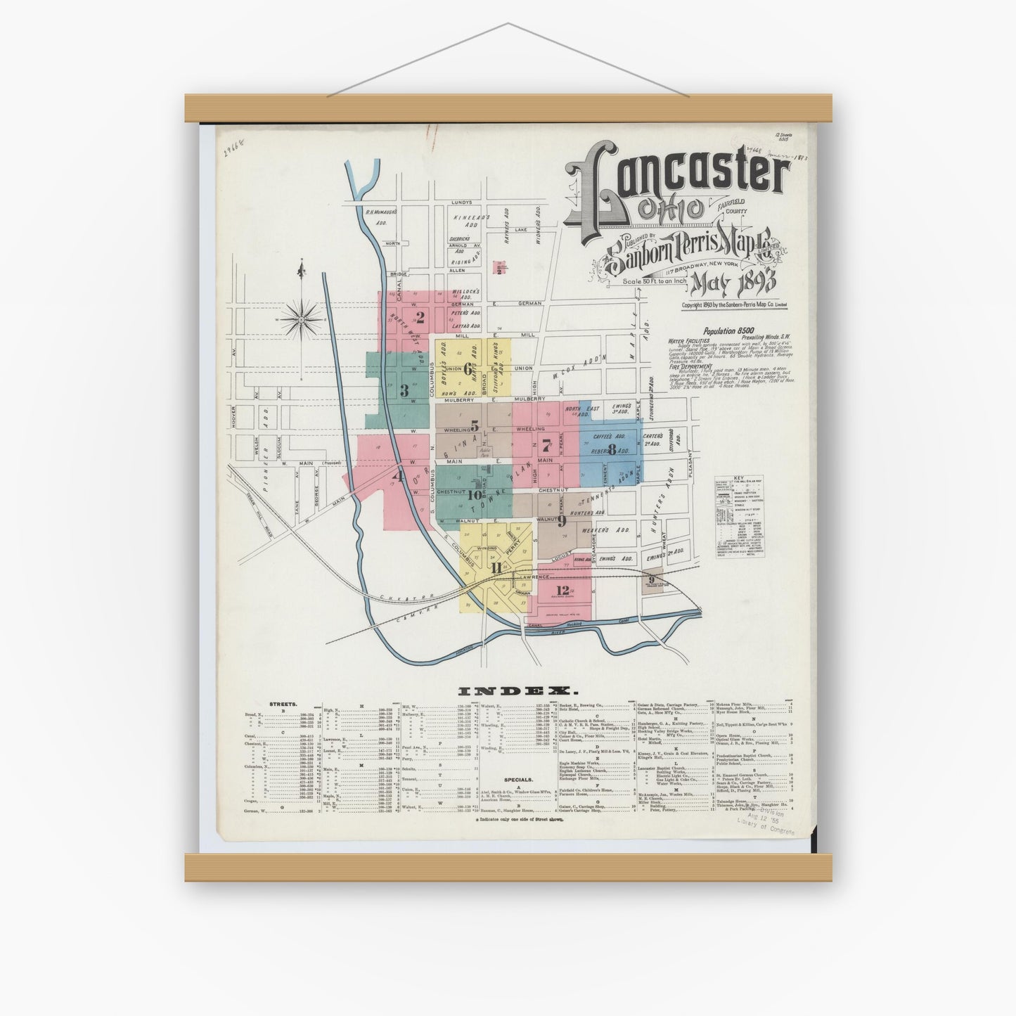 Old map wall art mockup — magnetic wood frame on white wall — Sanborn Fire Insurance Map from Lancaster, Fairfield County, Ohio (1893), Sheet #0001