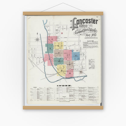 Old map wall art mockup — magnetic wood frame on white wall — Sanborn Fire Insurance Map from Lancaster, Fairfield County, Ohio (1893), Sheet #0001