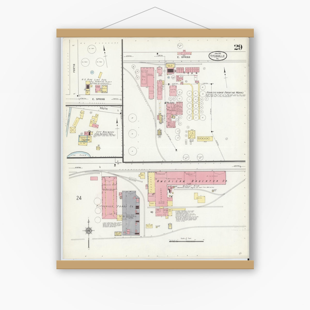 Old map wall art mockup — magnetic wood frame on white wall — Sanborn Fire Insurance Map from Titusville, Crawford County, Pennsylvania (1912), Sheet #0029