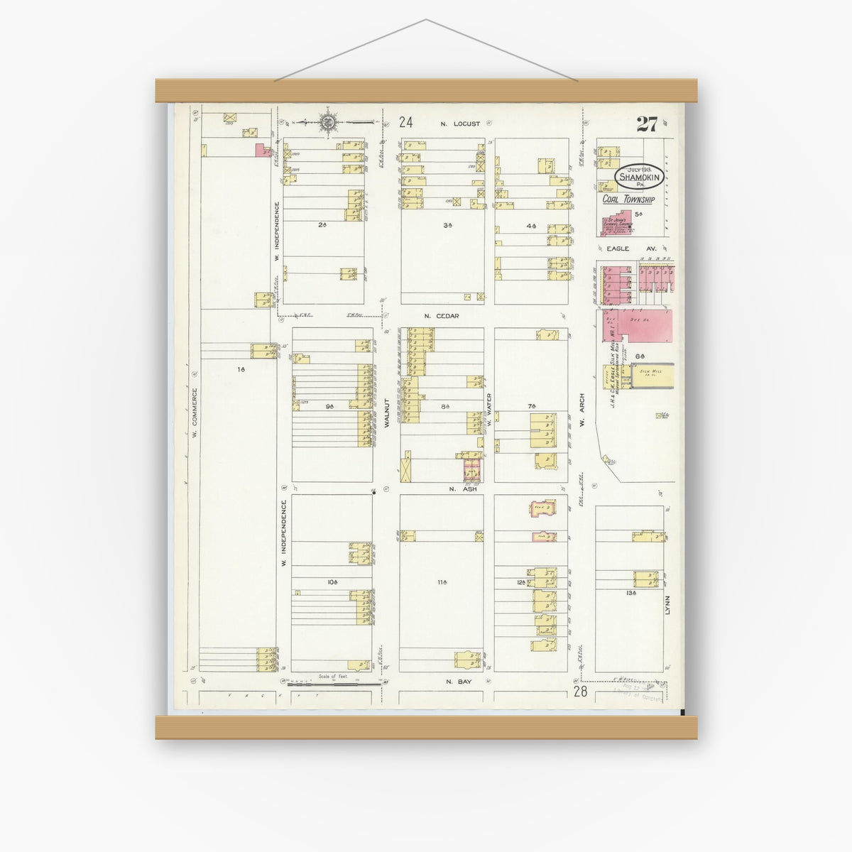 Old map wall art mockup — magnetic wood frame on white wall — Sanborn Fire Insurance Map from Shamokin, Northumberland County, Pennsylvania (1913), Sheet #0027