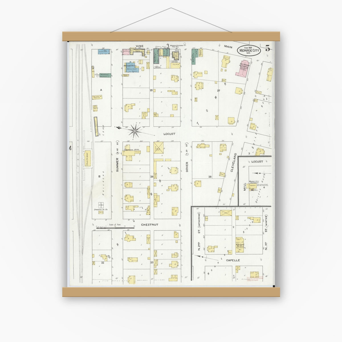 Old map wall art mockup — magnetic wood frame on white wall — Sanborn Fire Insurance Map from Monroe City, Monroe County, Missouri (1909), Sheet #0005
