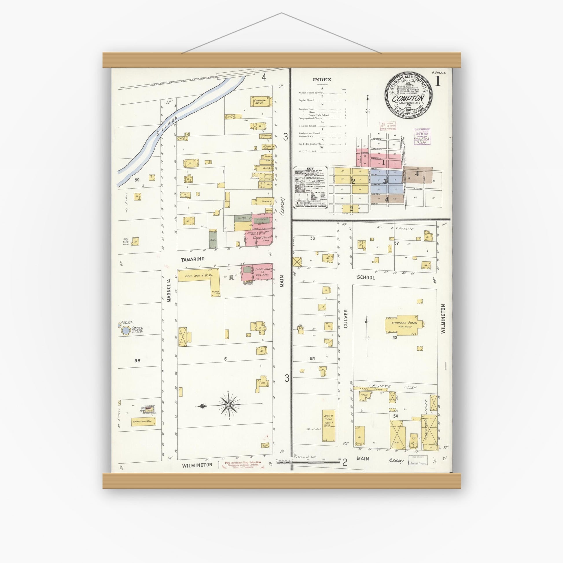 Old map wall art mockup — magnetic wood frame on white wall — Sanborn Fire Insurance Map from Compton, Los Angeles County, California (1907) - Complete Map Set