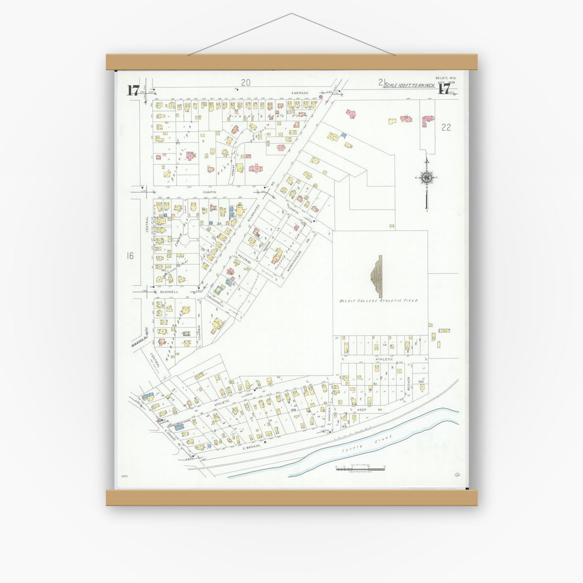 Old map wall art mockup — magnetic wood frame on white wall — Sanborn Fire Insurance Map from Beloit, Rock County, Wisconsin (1939), Sheet #0017