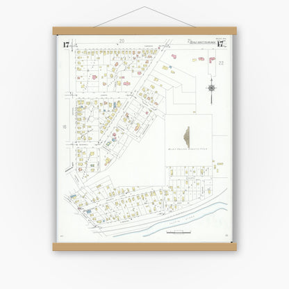 Old map wall art mockup — magnetic wood frame on white wall — Sanborn Fire Insurance Map from Beloit, Rock County, Wisconsin (1939), Sheet #0017