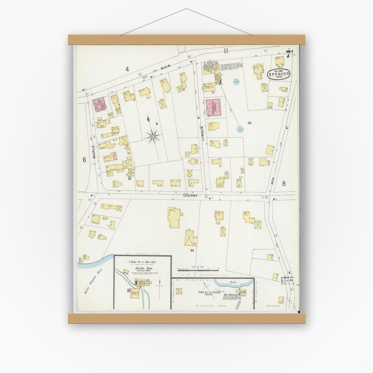 Old map wall art mockup — magnetic wood frame on white wall — Sanborn Fire Insurance Map from Spencer, Worcester County, Massachusetts (1896), Sheet #0007