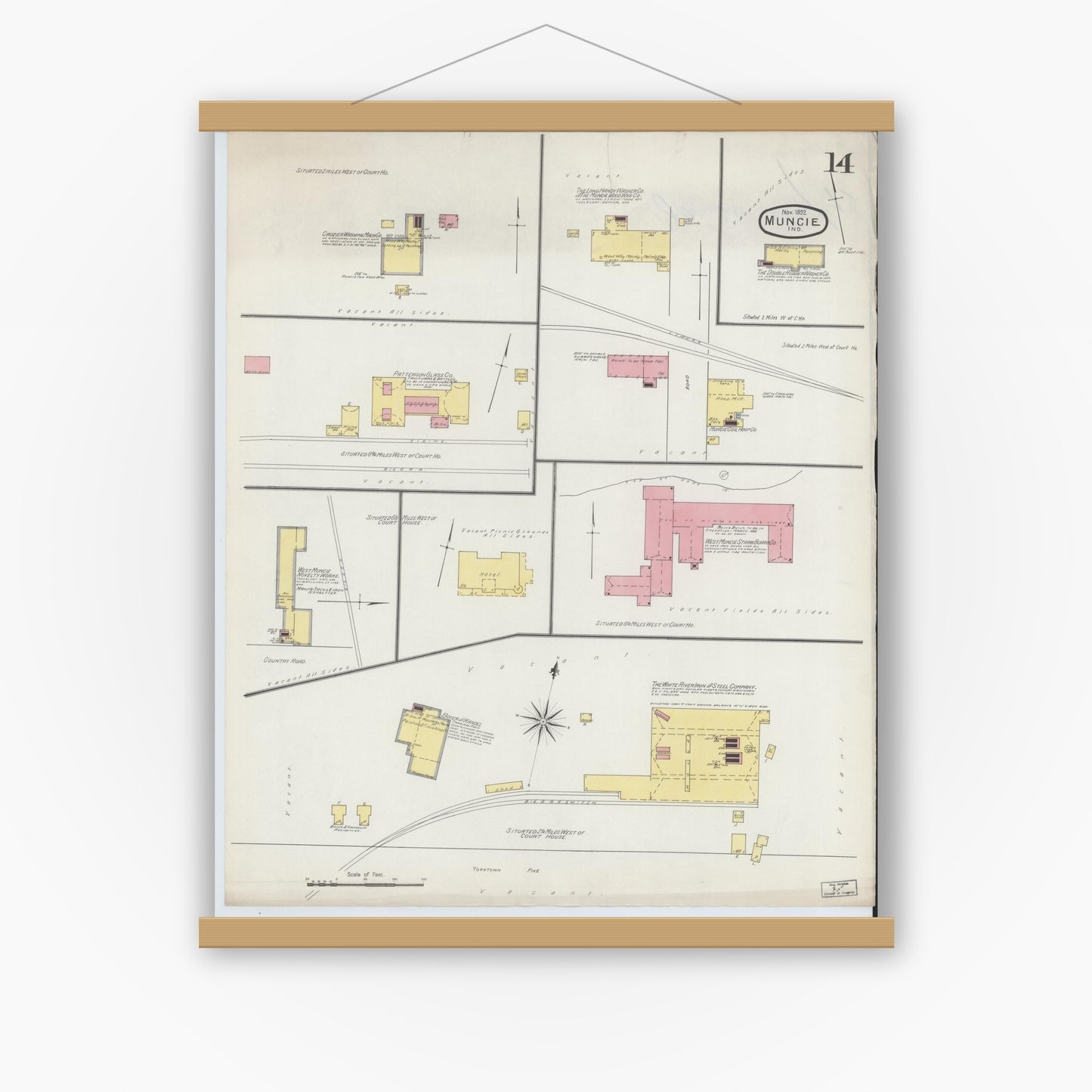 Old map wall art mockup — magnetic wood frame on white wall — Sanborn Fire Insurance Map from Muncie, Delaware County, Indiana (1892), Sheet #0014