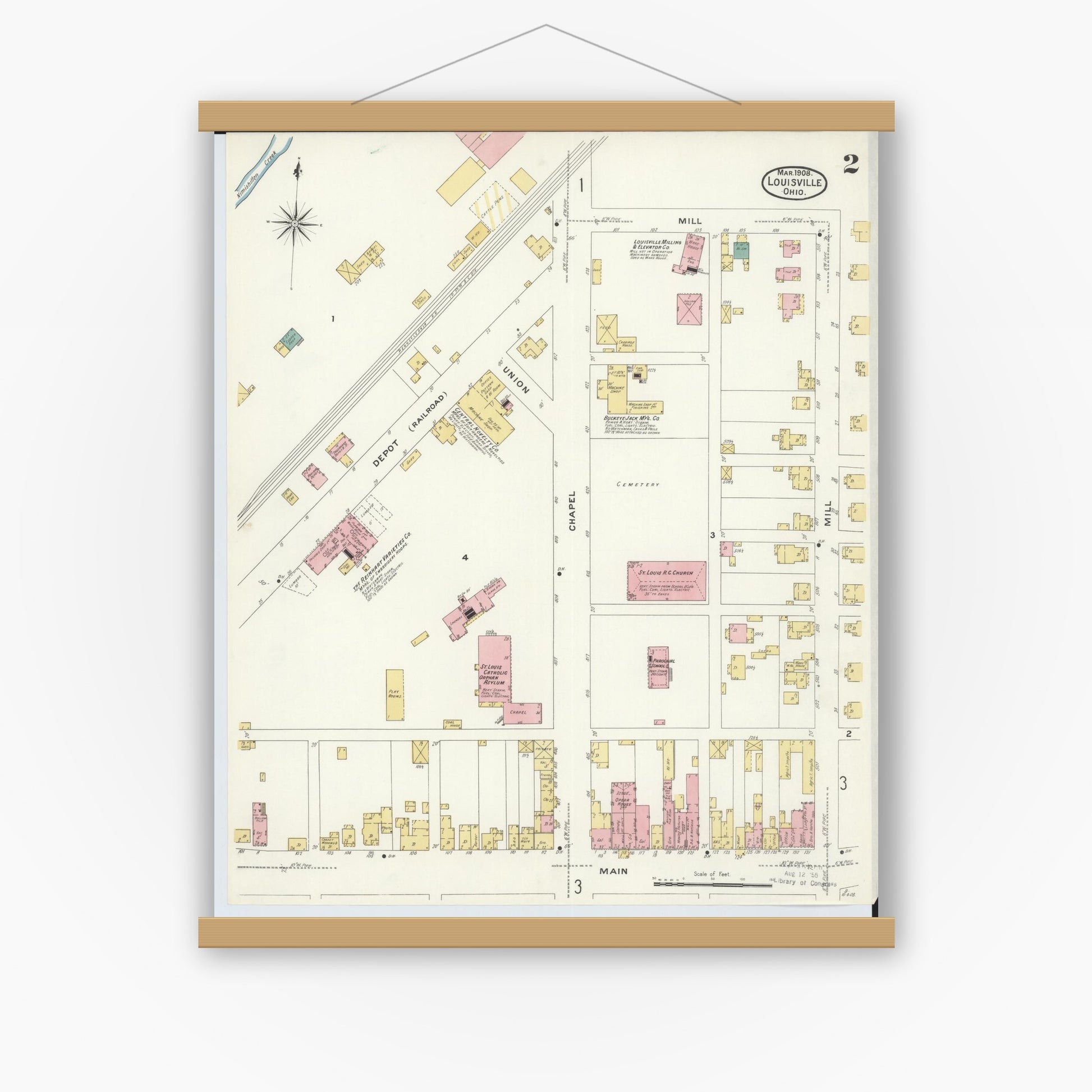 Old map wall art mockup — magnetic wood frame on white wall — Sanborn Fire Insurance Map from Louisville, Stark County, Ohio (1908), Sheet #0002
