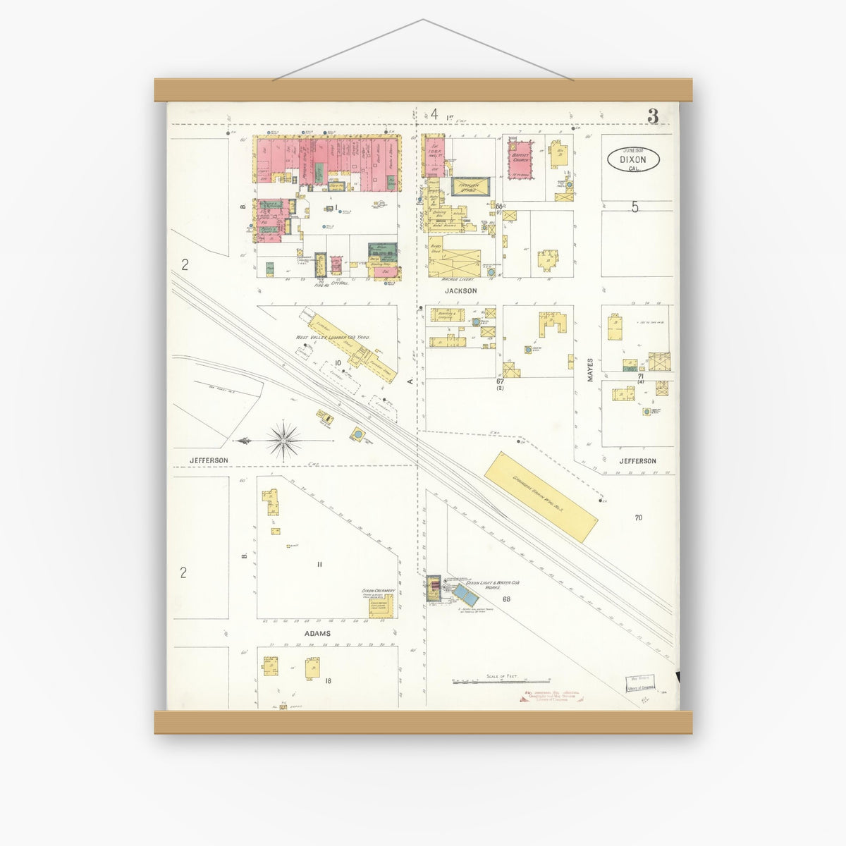 Old map wall art mockup — magnetic wood frame on white wall — Sanborn Fire Insurance Map from Dixon, Solano County, California (1900), Sheet #0003