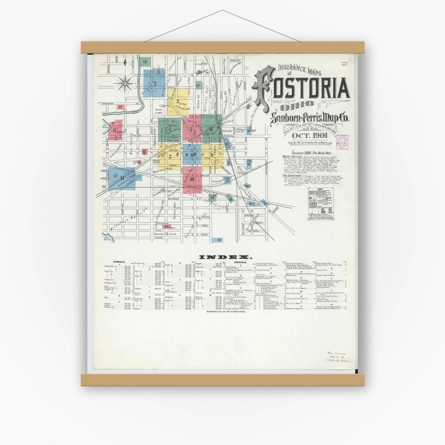 Old map wall art mockup — magnetic wood frame on white wall — Sanborn Fire Insurance Map from Fostoria, Seneca, Hancock, And Wood Counties, Ohio (1901), Sheet #0001