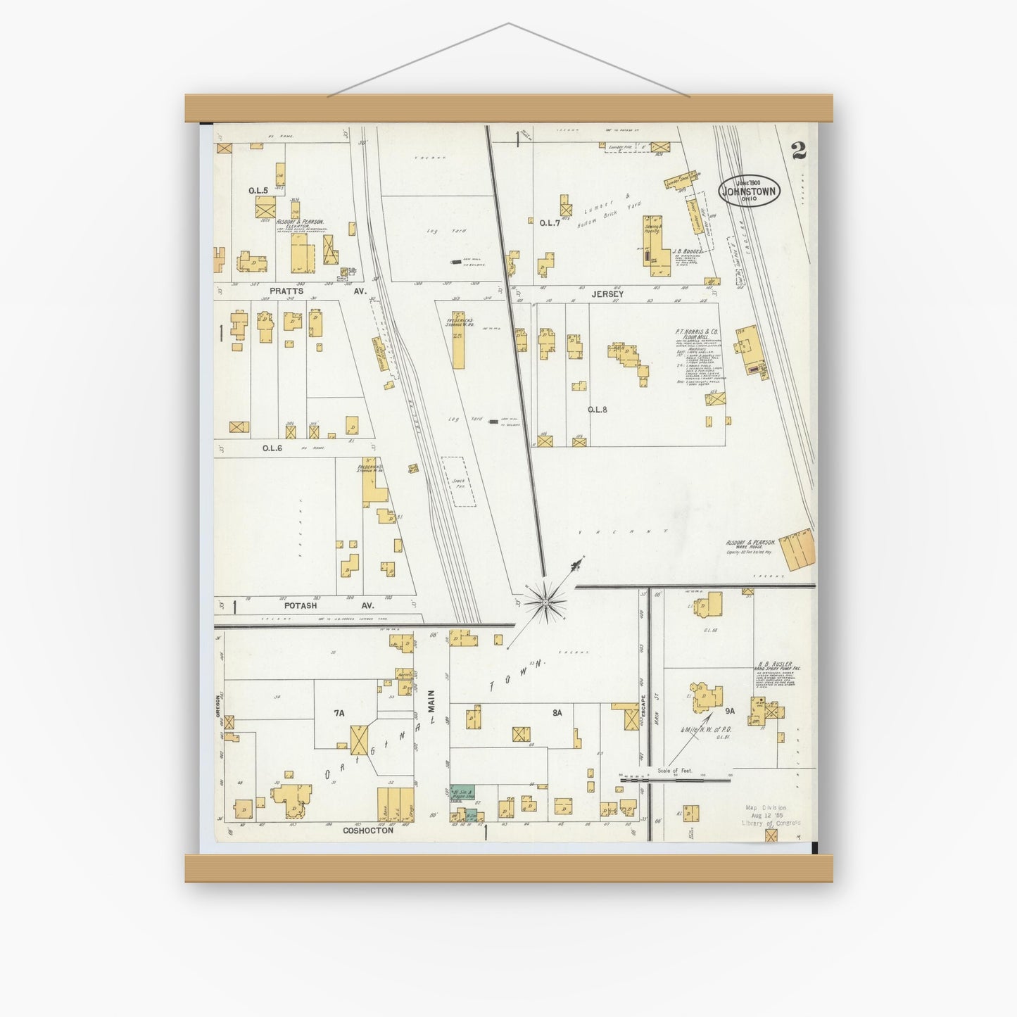 Old map wall art mockup — magnetic wood frame on white wall — Sanborn Fire Insurance Map from Johnstown, Licking County, Ohio (1900), Sheet #0002