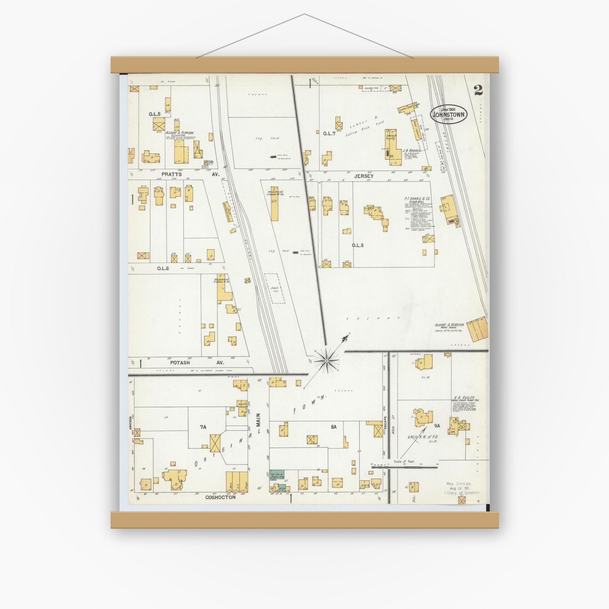 Old map wall art mockup — magnetic wood frame on white wall — Sanborn Fire Insurance Map from Johnstown, Licking County, Ohio (1900), Sheet #0002
